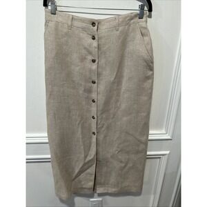 Jones New York Sport Full Button Linen Midi Skirt 12 Beige Pocket